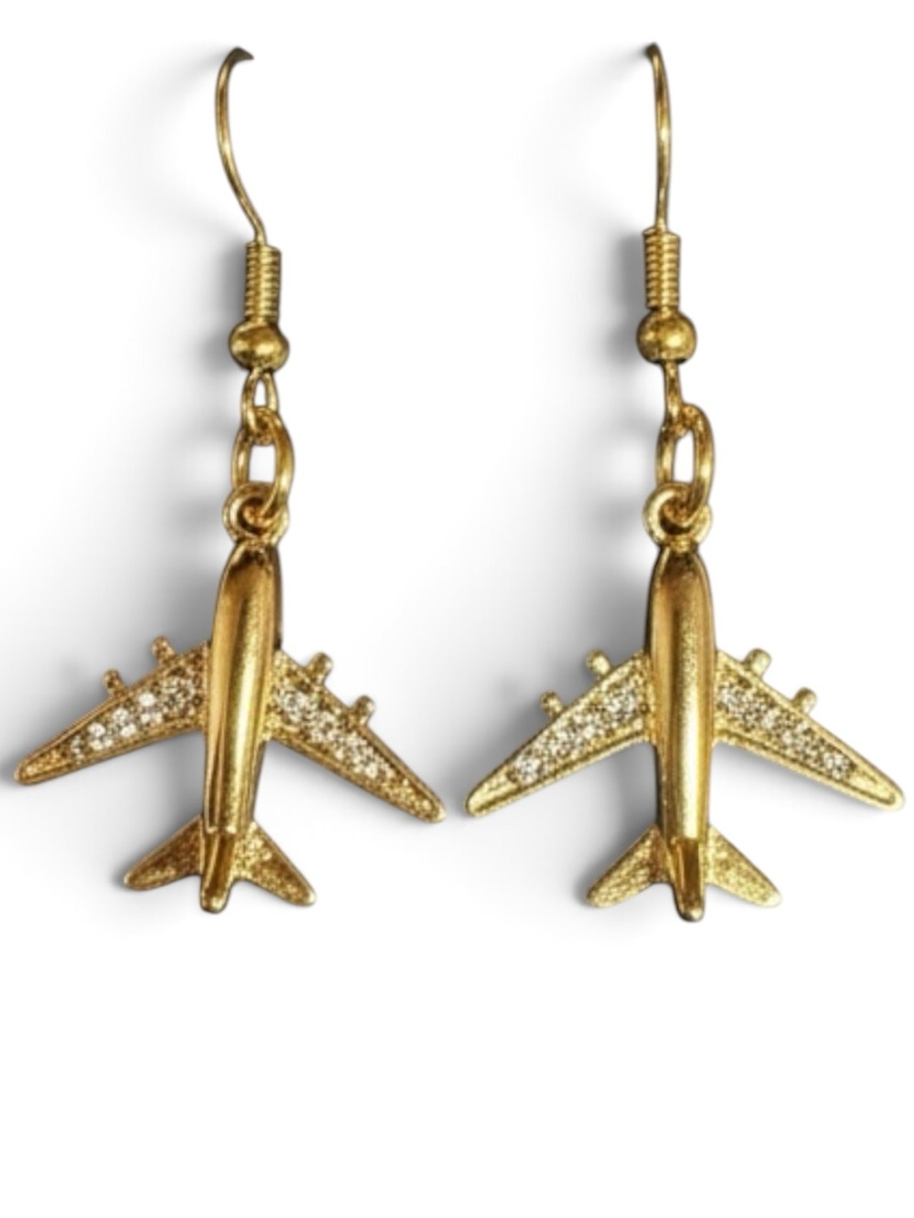 Gold tone Airplane Drop Earrings with Crystals - Women’s Jewelry